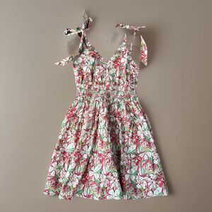 Pinch Floral Tiered Mini Dress Pink Green Smocked Waist Tie Strap Summer Small